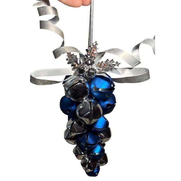 Vintage Cobalt Blue Grape Cluster Jingle Bells Large Christmas Ribbon Snowflake - Picture 1 of 6